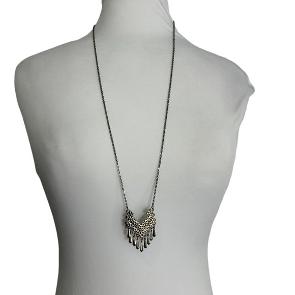 Silver Tone Necklace Textured Dangled Pendant Statement 29-31" Long - Picture 6 of 6